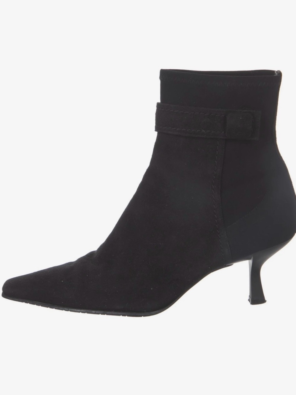 Stuart Weitzman Black Suede Pointed-Toe Ankle Boot with Kitten Heel